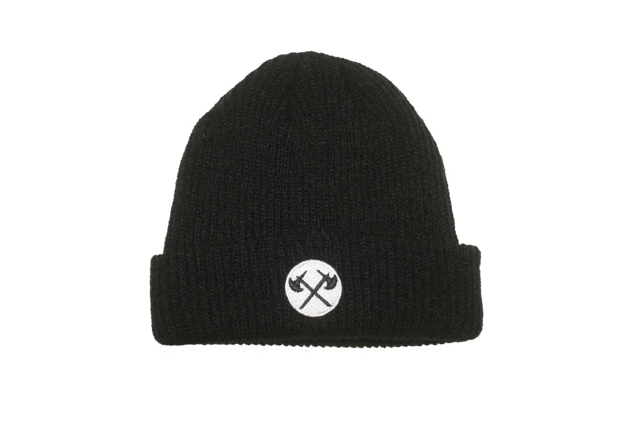 Demolition Axes Cuff Beanie - White Embroidery On Black